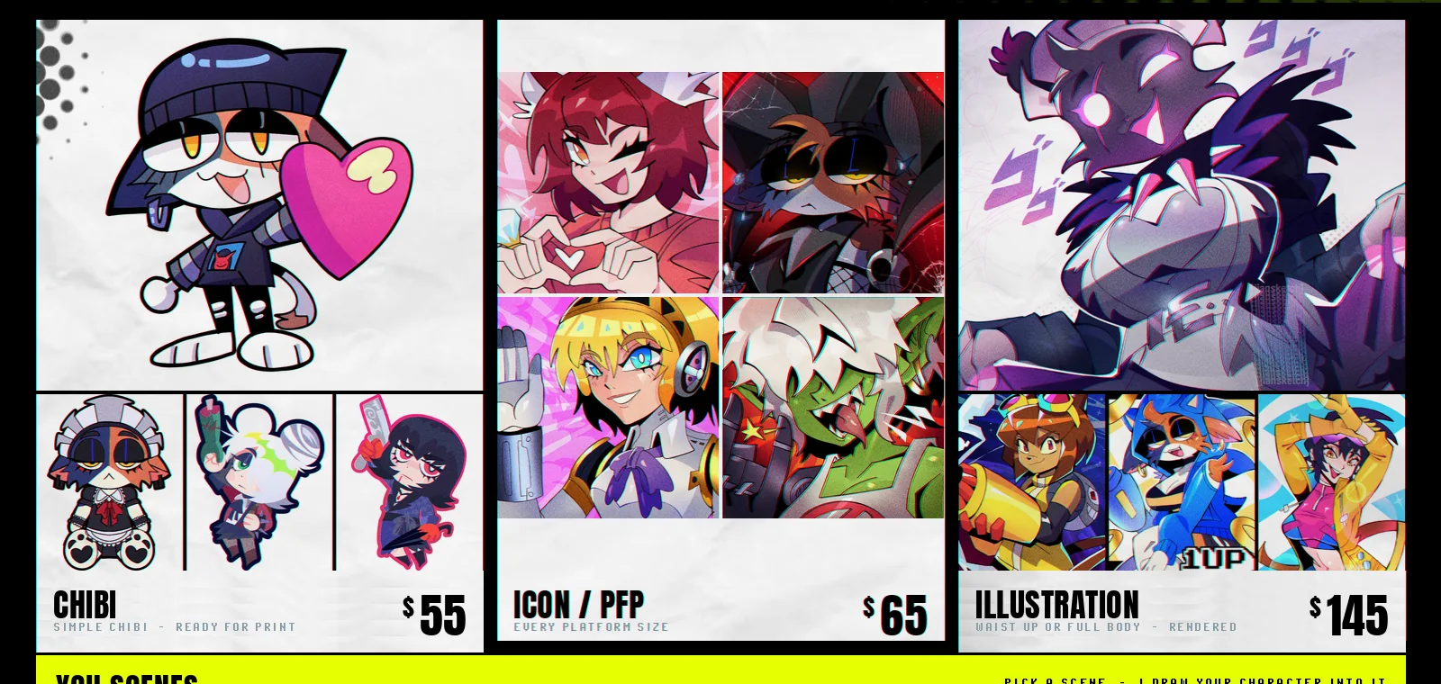 The VGen commission sheet - chibi, icon, illustration and YCH rows